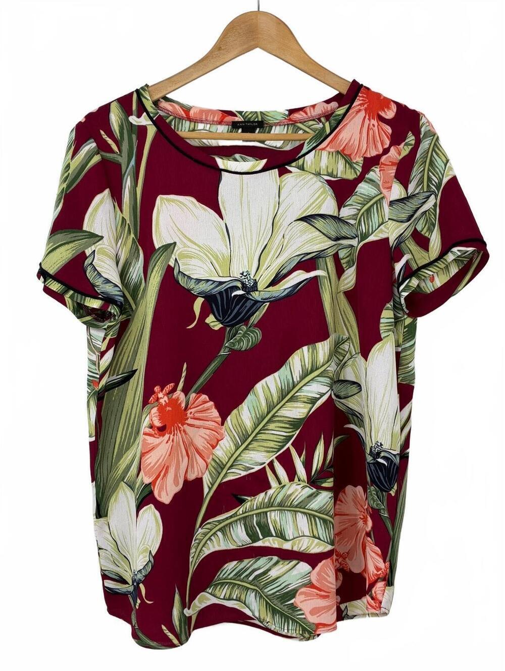 Ann Taylor Women's Large Floral Print Short Sleeve Blouse